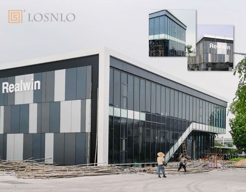 樓上樓高端門窗-江門某不銹鋼公司玻璃、鋁板幕墻工程案例